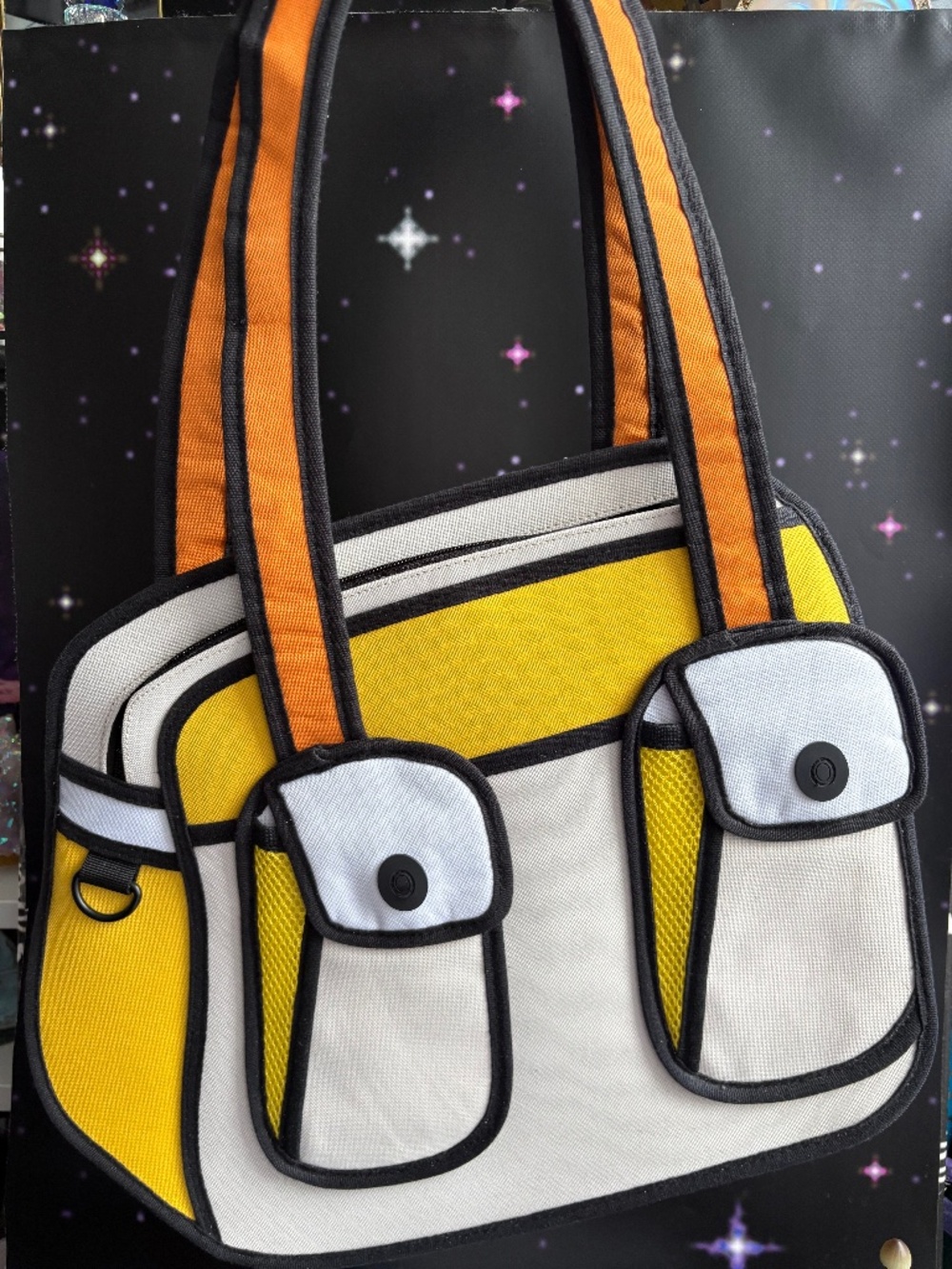 Jump from Paper Purse, 2D Cartoon Shoulder bag, Bonjour Yellow White JFP008